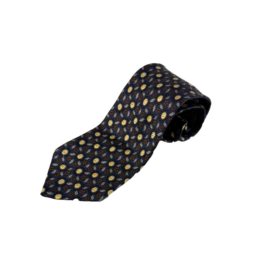 Ermenegildo‎ Zegna Mens Silk Tie Navy Blue Gold Medallion Floral Made in Italy